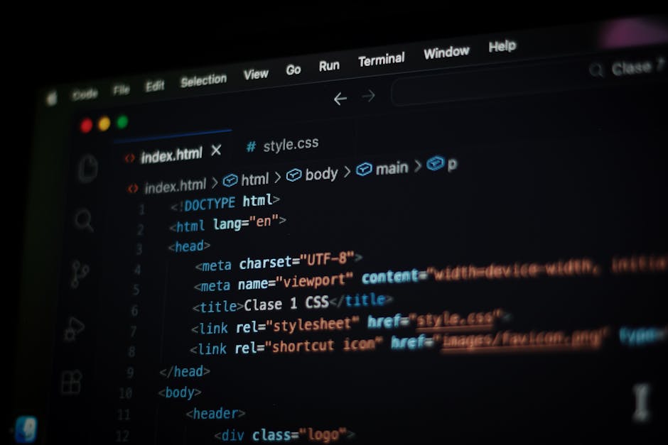 A computer screen displaying lines of HTML code, with visible tags such as <html>, <head>, and <body>, set against a dark background with some colored syntax highlighting in shades o